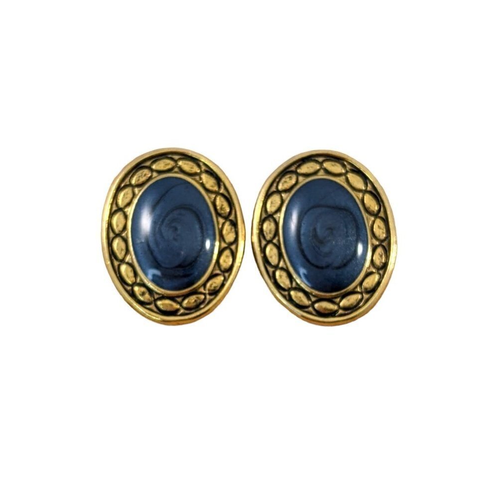 Vintage 80s 90s Oval Blue Enamel Swirls Gold Tone Pierced Earrings